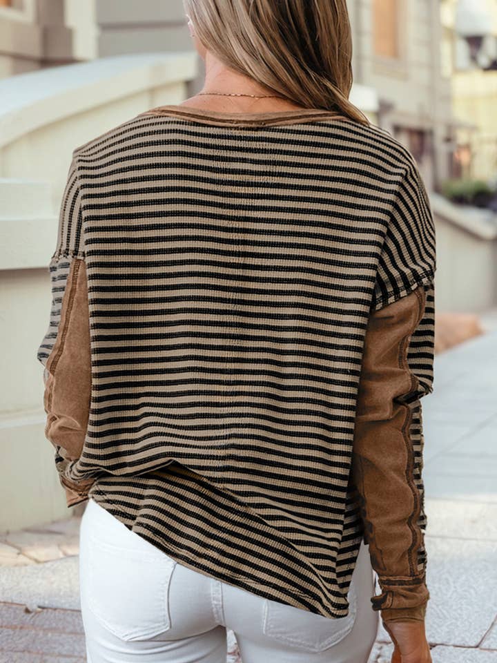 1 the Woman - Wholesale Blouse - Women's - Stripe Patchwork Round Neck Long Sleeve Blouse6