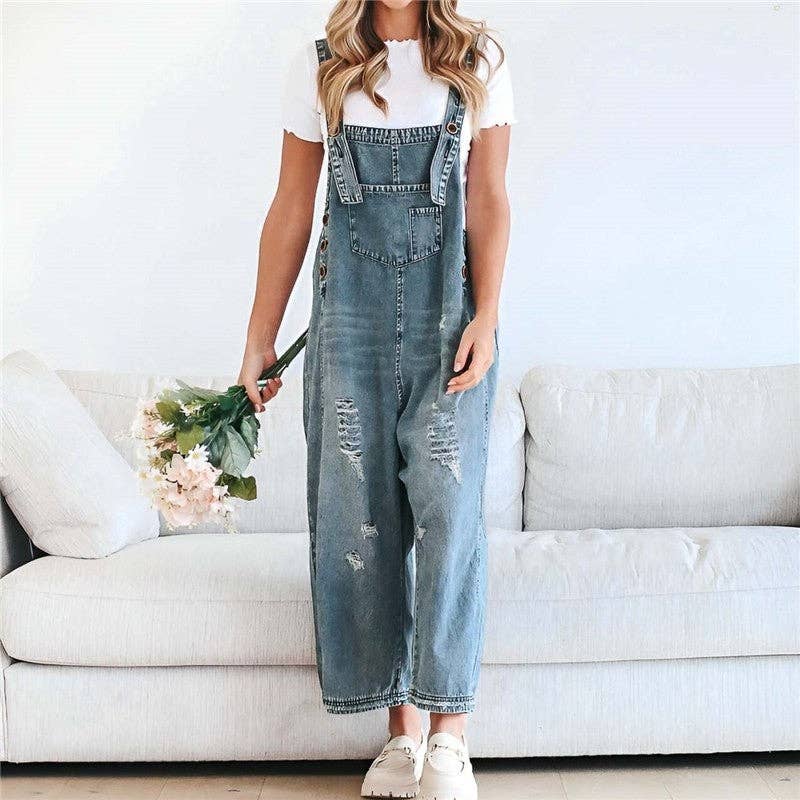 Sheer Trend – Engroshandel Overalls - Dame – Forvaskede løstsiddende denim overalls med brede ben3