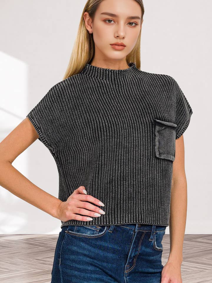 `.Washed Mock Neck Short Sleeve Sweater for wholesale by 42POPS