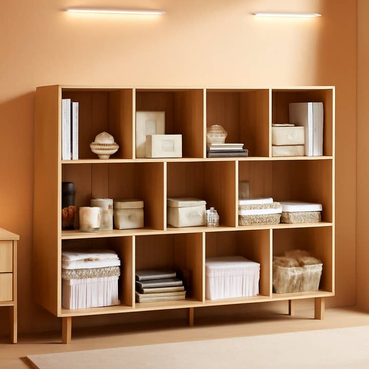 Open Cube Low Bookcase 3 Tier Freestanding Oak Finish for wholesale on Faire