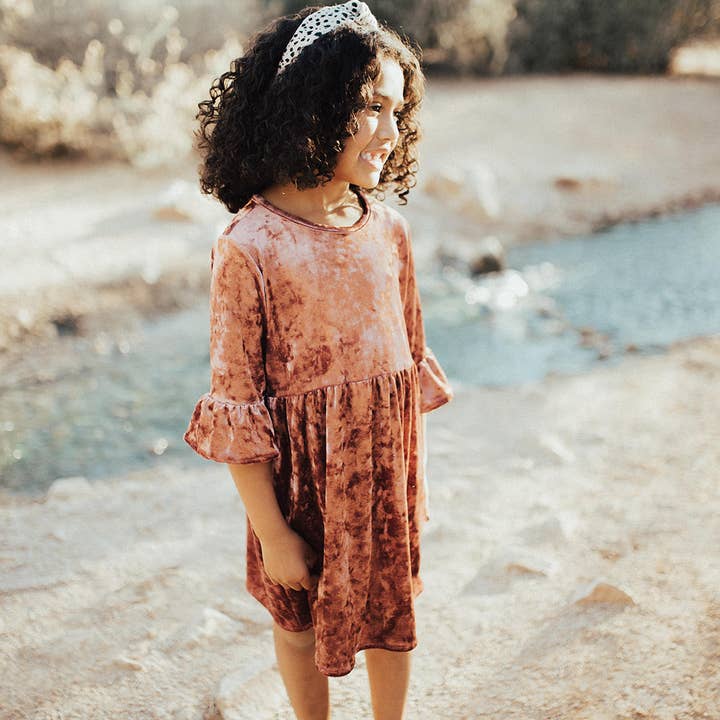 Crushed Rose Velvet Bell Sleeve Dress for wholesale by Lia+Lou