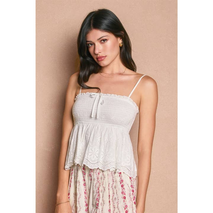 OFF WHITE Moonlit Breeze Scalloped Eyelet Peplum Top for wholesale on Faire