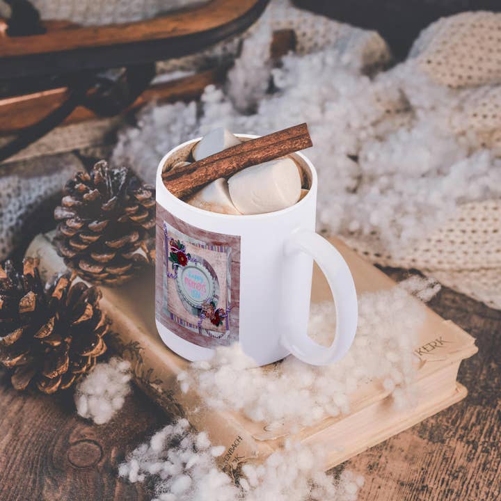 3dRose – wholesale Coffee mug – 3dRose, Image of Mothers Day in Flora Round Frame, Tea Pot and Cup Charm, Mug11