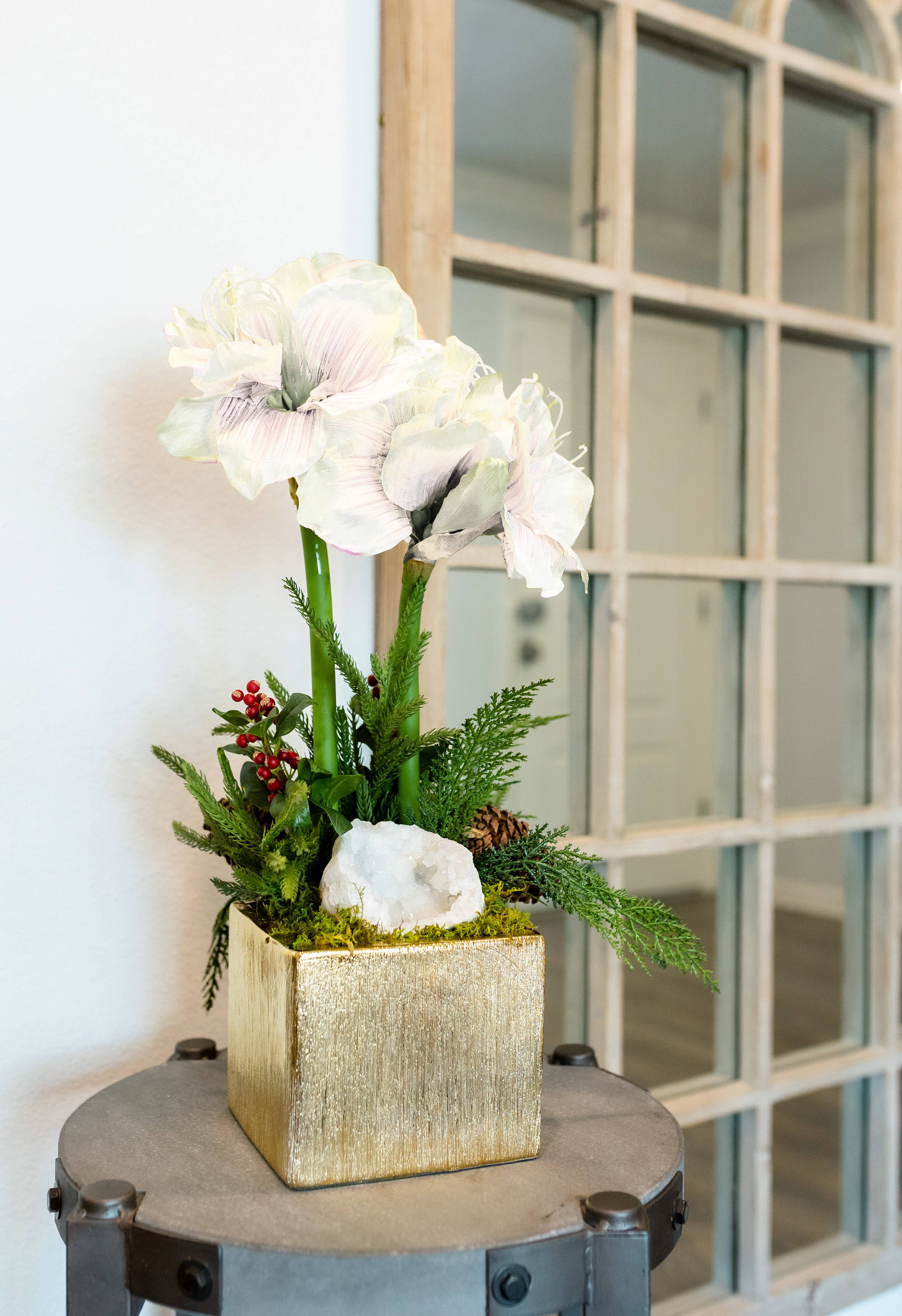 T&C Floral Company - Wholesale Artificial Flowers - White Double Amaryllis Holiday Arrangement0