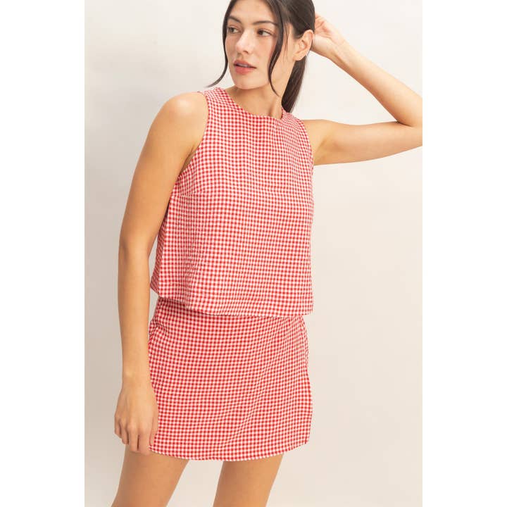 Gingham Checkered Sleeveless Top And Skort Set for wholesale by Double Zero
