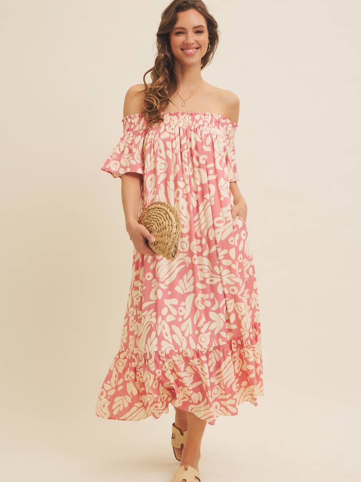 SKULDERLØS FLÆNGEPRINTET MIDIKJOLE MED LOMMER for engroshandel hos in february