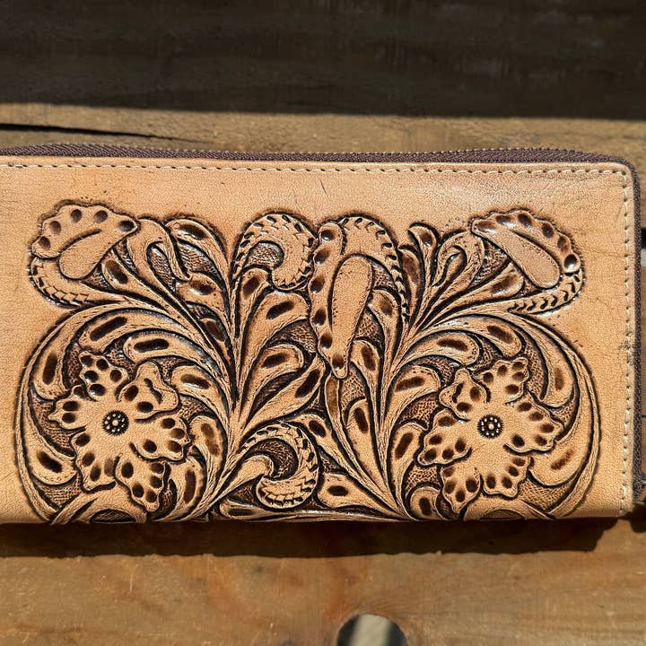 Double B Wild Rags - Wholesale Wallet - Women's - Western Checkbook wallet zipper closure tooled floral leather details by Double B Wild Rags