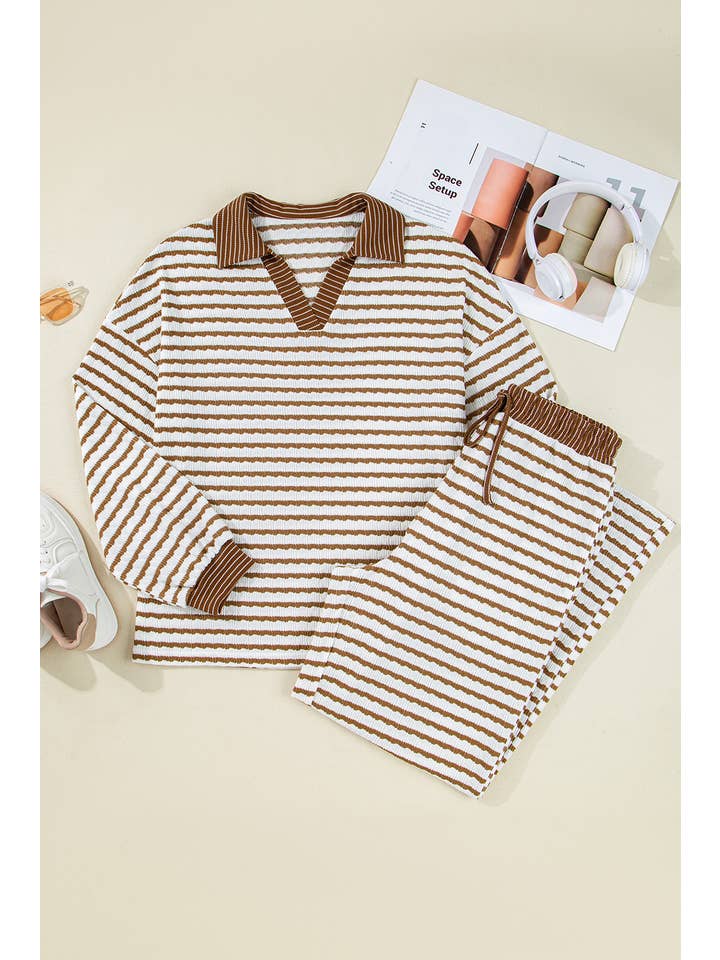 LA Society - Wholesale Lounge Set - Women's - Stripe Collared Pullover Top and Drawstring Pant Set4