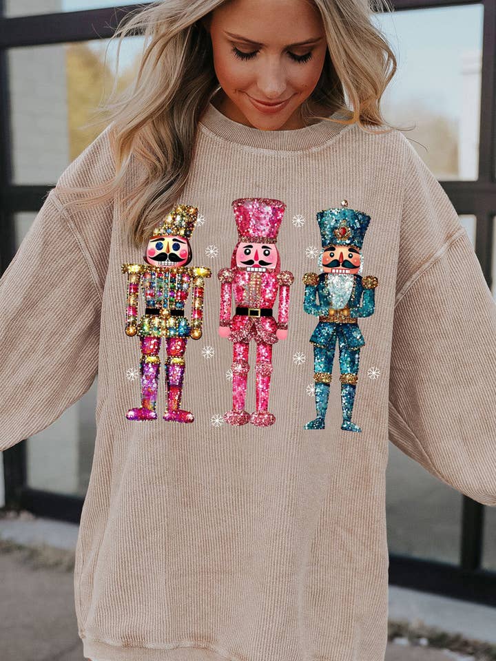 Lovesoft - Wholesale Graphic Sweatshirt - Women's - Ribbed Knit Nutcracker Pattern Crew Neck Pullover Sweatshirt9