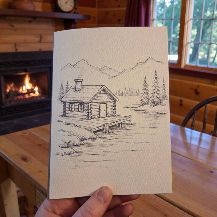 Cabane au bord du lac DIY Carte de vœux aquarelle 5x7 pour la vente par Ellie Joe Design Co