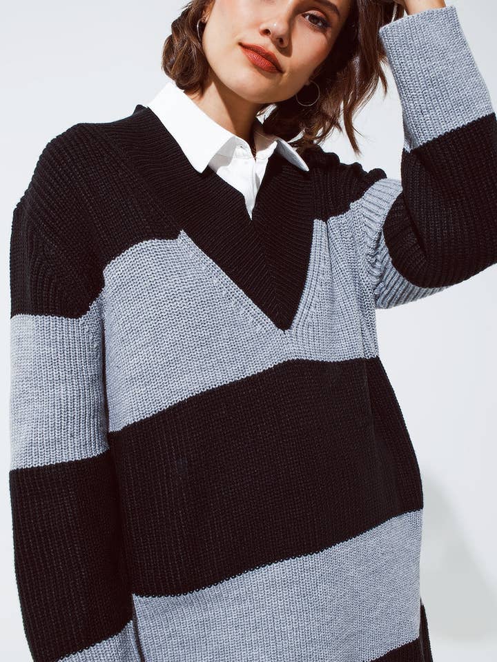 Negro Vestido midi oversized de punto con rayas y escote amplio en V de venta al por mayor en Faire2