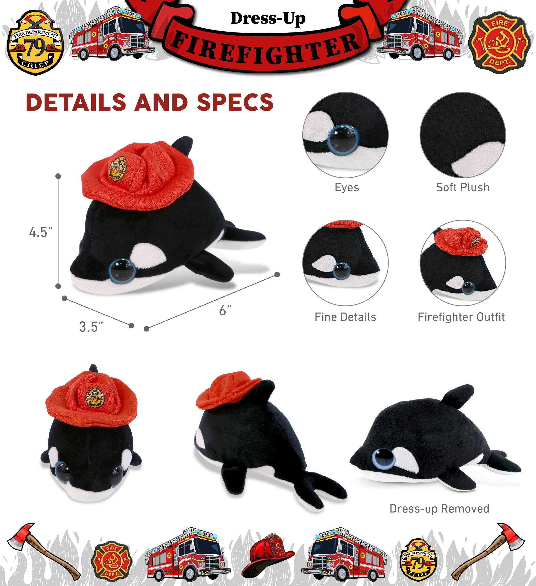 Cota Global – wholesale Stuffed/plush toy – Kids & baby – Plush Fireman - Big Eye 6" Plush - Killer Whale2