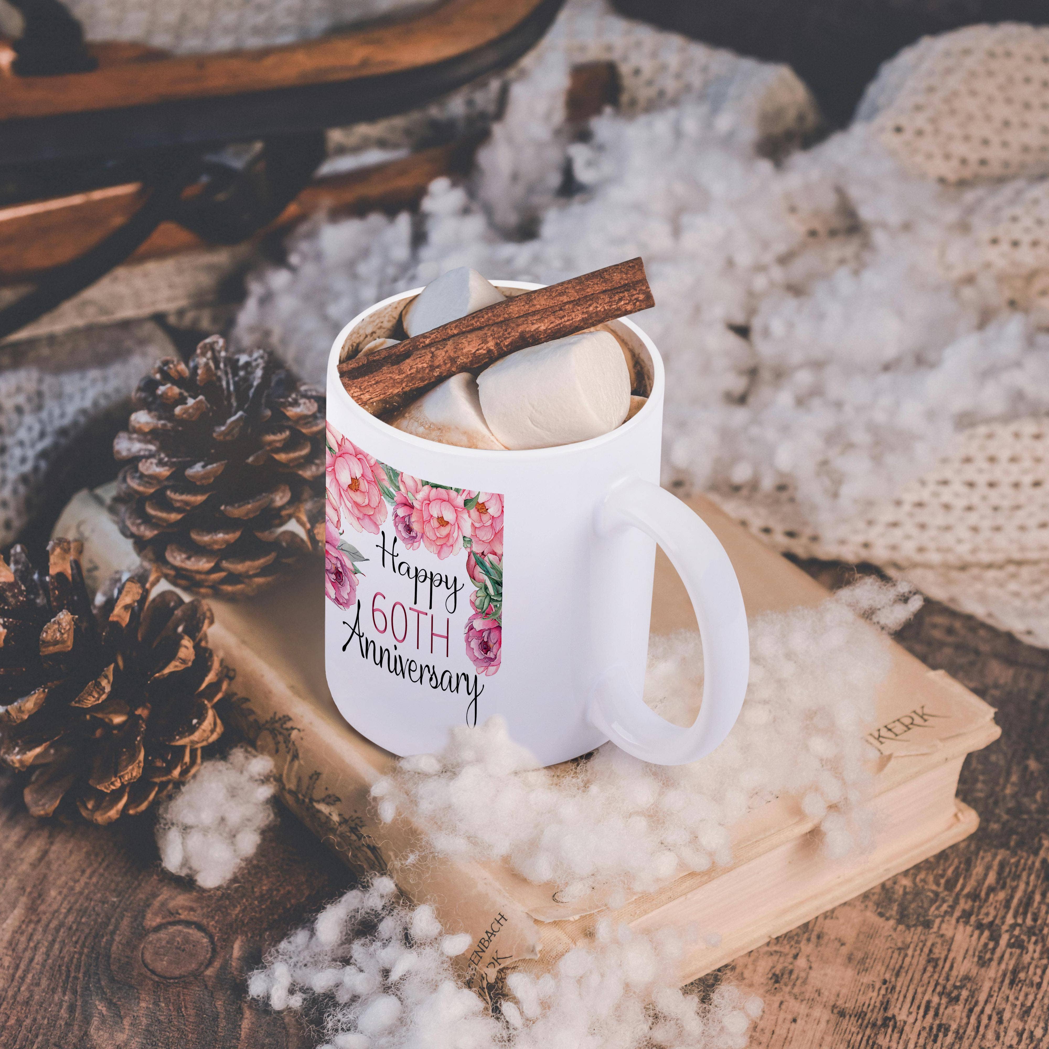 3dRose - Wholesale Coffee Mug - 3dRose, Happy 60th Anniversary Pretty Pink Peony Floral, Mug11