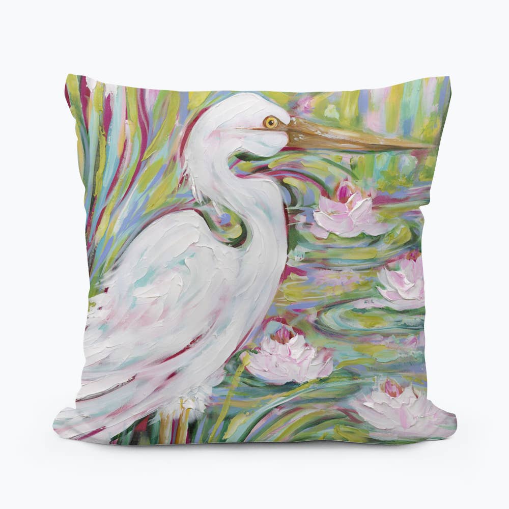 LuckyBird Apparel and Home – Großhandel Zierkissen – Estelle Kissen mit Silberreiher-Motiv