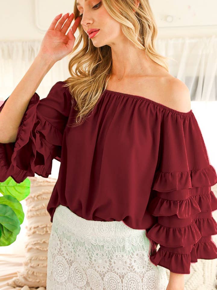 Off Shoulder 4 Lag Flæse 3/4 Ærme Top VT81026A for engroshandel hos Vine & Love
