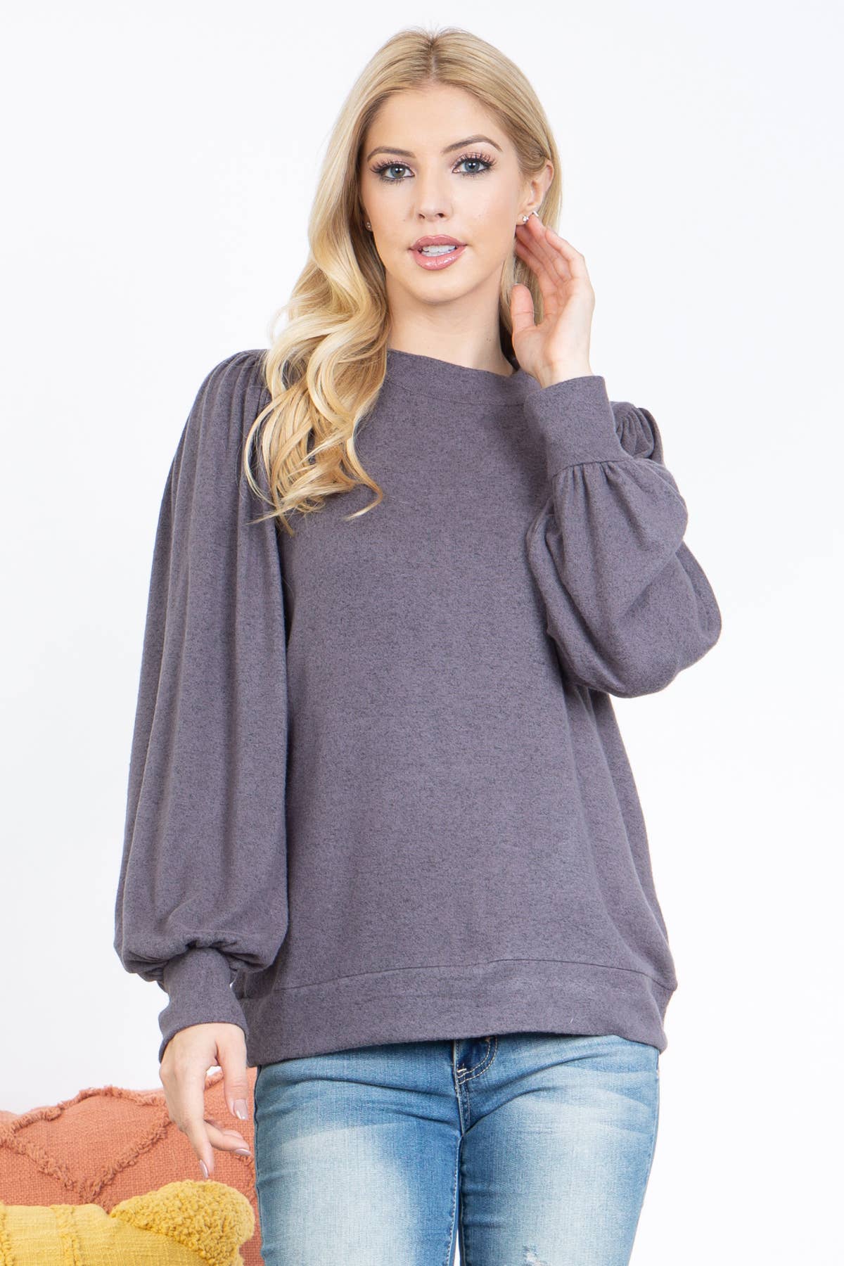 You & Me - Vente Haut en maille – femme - VENTE ! ! ! PPT21143 - HAUT À MANCHES BOUFFANTES À COL ROND - ANTHRACITE55