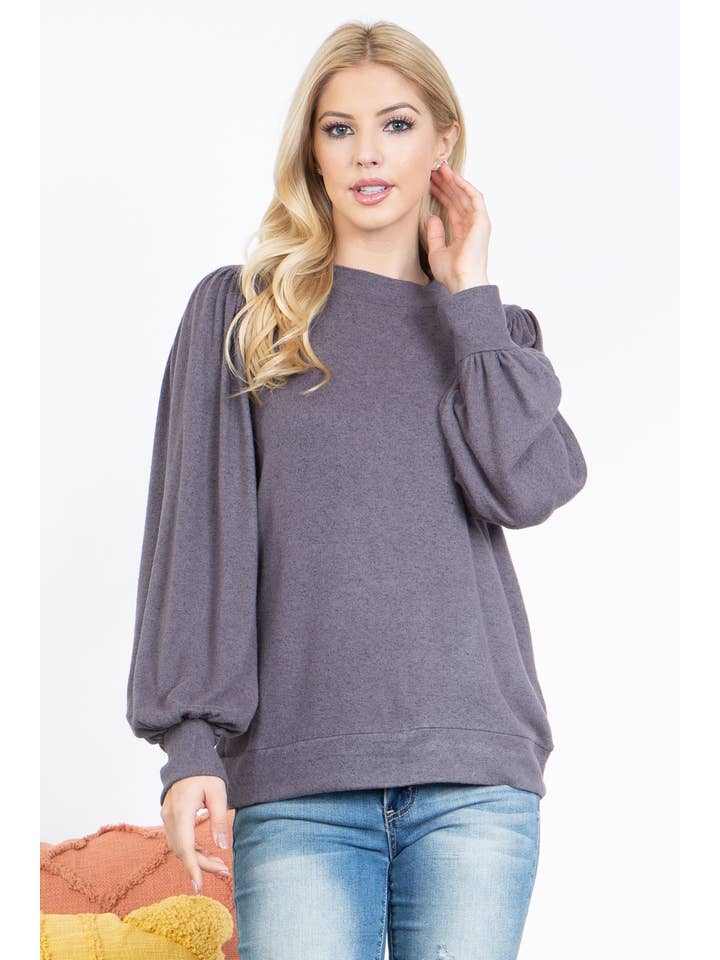 You & Me - Vente Haut en maille – femme - VENTE ! ! ! PPT21143 - HAUT À MANCHES BOUFFANTES À COL ROND - ANTHRACITE55