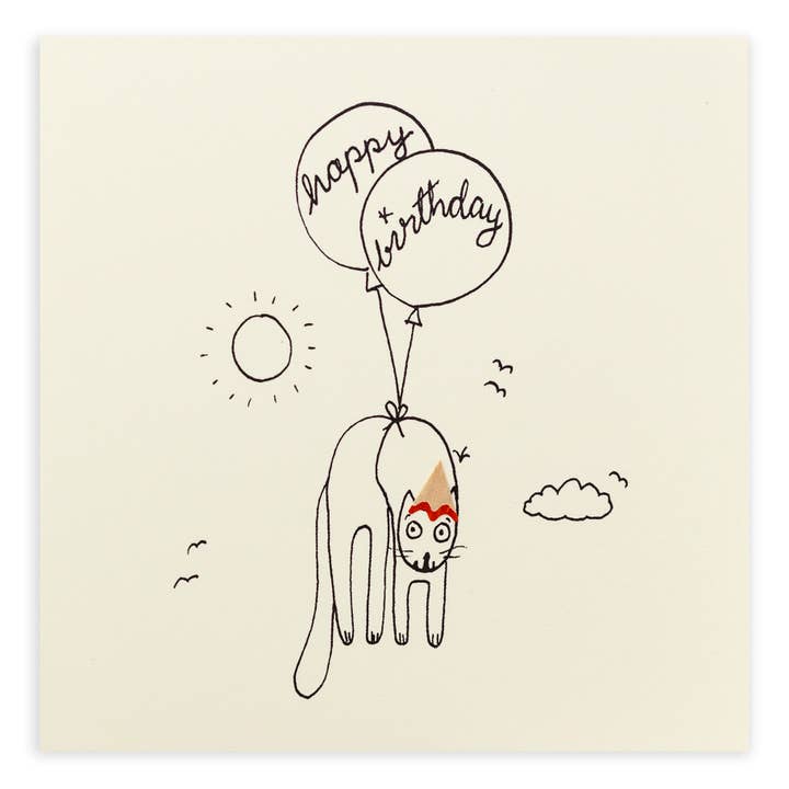 Birthday Balloon Cat – Handmade UK Greeting Card for wholesale by Ruth Jackson USA