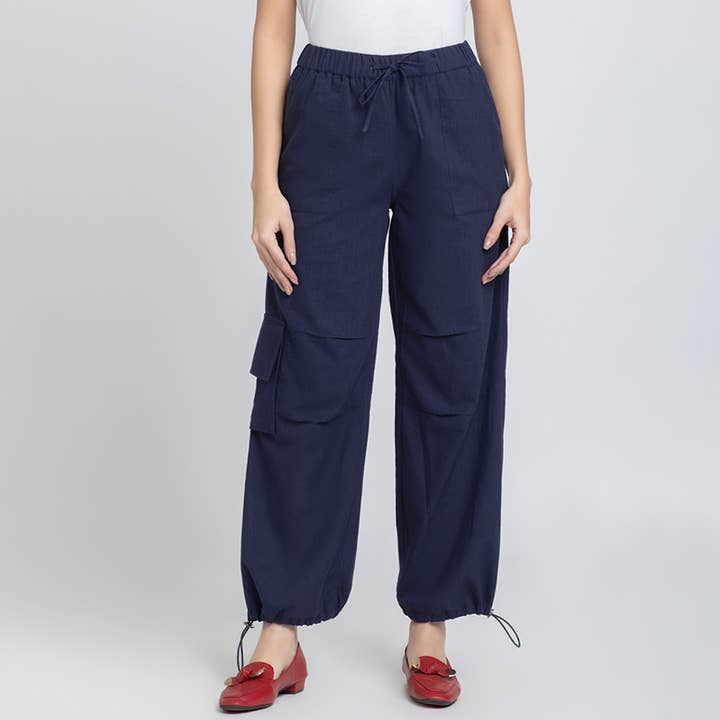 Navy blue high-rise elasticated cotton trouser for wholesale by Benares