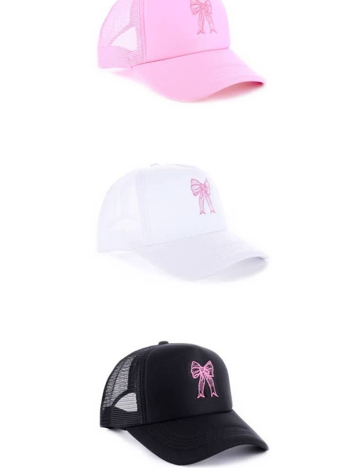 Coquette Ribbon Bow Embroidery Trucker Hat for wholesale by Vanilla Monkey