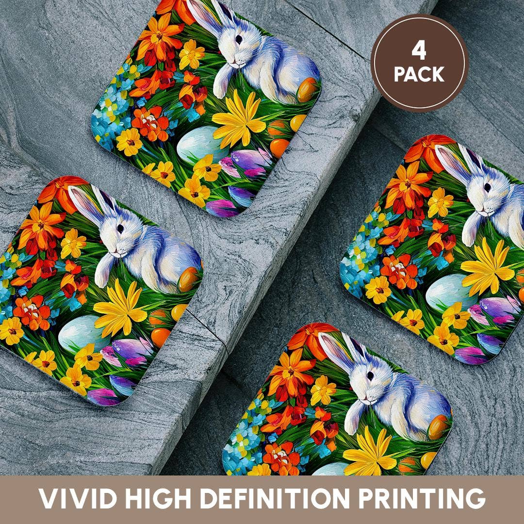 3dRose - Wholesale Coasters - 3dRose, White Easter bunny, eggs, flowers. The magic of the spring garden, Coaster12