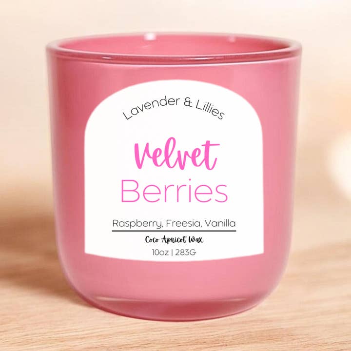 Velvet Berries- Coconut Apricot Candle- 10oz Pink Glass for wholesale by Lavender & Lillies