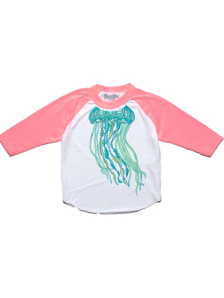 Raglán educativo con medusas para bebés y niños pequeños en blanco/rosa neón para venta al por mayor de Peek-A-Zoo