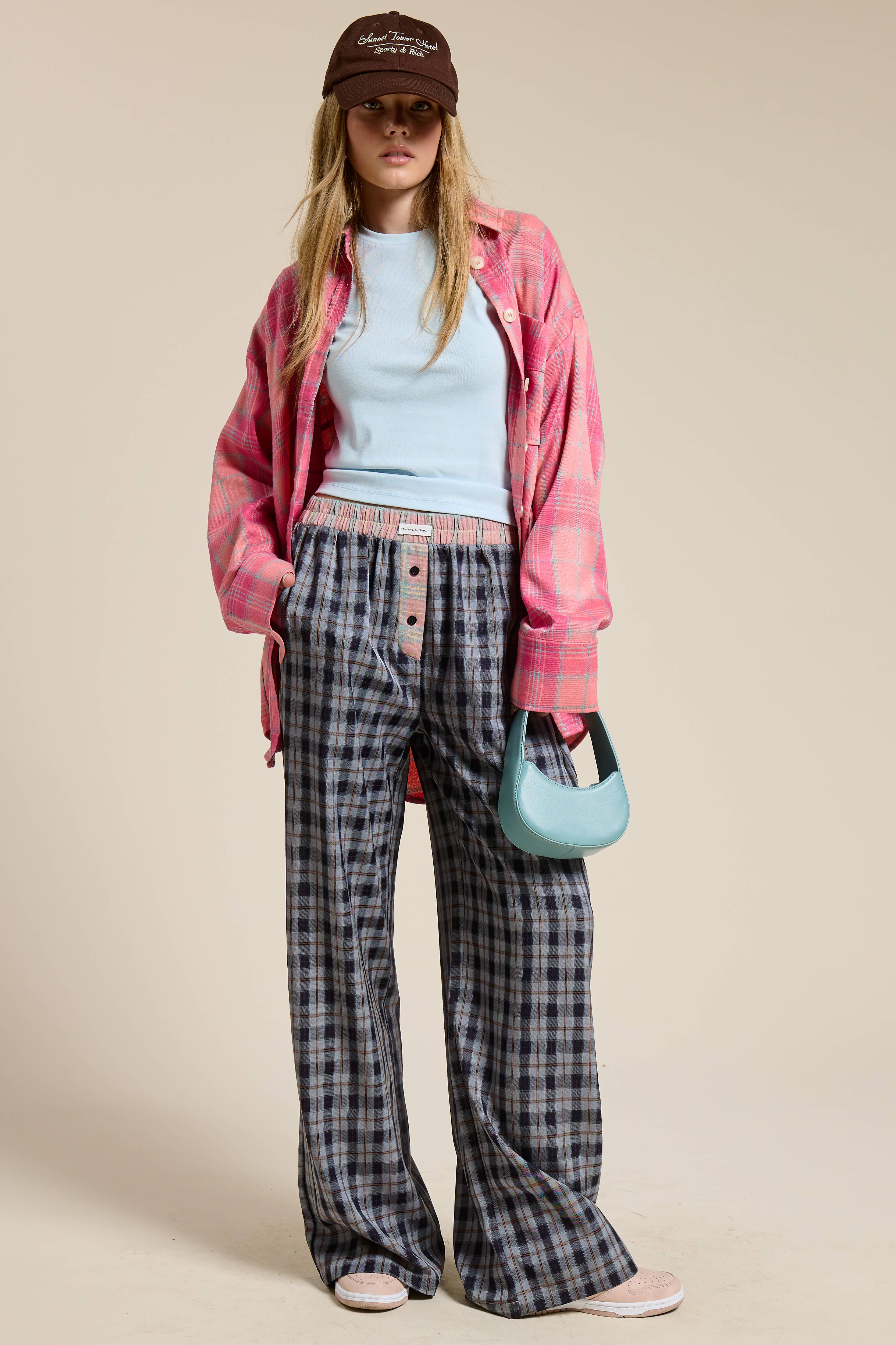 Mimosa - Vente Pantalon – femme - Pantalon boxeur à carreaux avec ceinture contrastante15