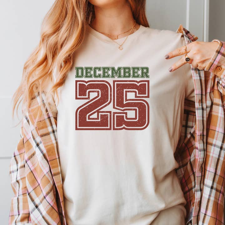 December 25 Varsity Christmas Tee, Retro Holiday Shirt for wholesale by Eleven Fashion