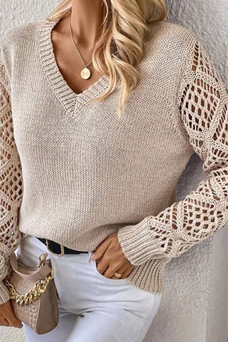 NINEXIS - Vente Pull en maille – femme - CWOSWL5807_HOLLOW HAUT EN TRICOT À MANCHES LONGUES ET COL EN V0