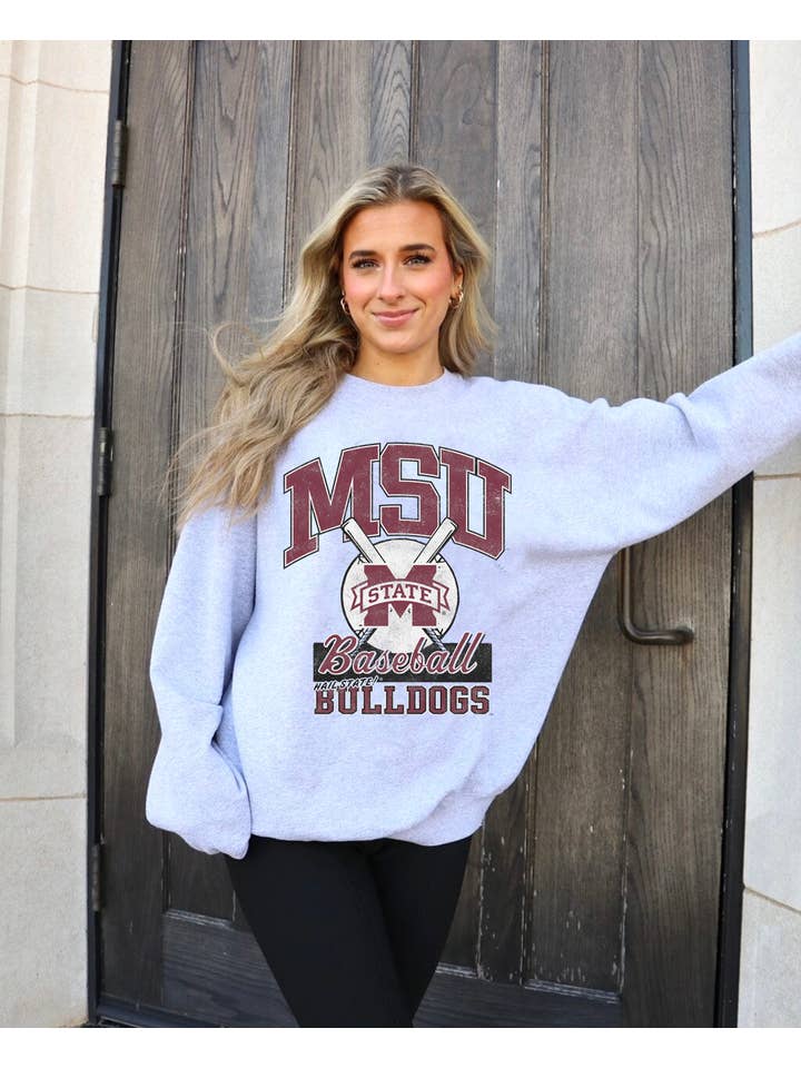 LivyLu - Wholesale Graphic Sweatshirt - Unisex - Mississippi State Bulldogs Baseball Gray Thrifted Sweatshirt