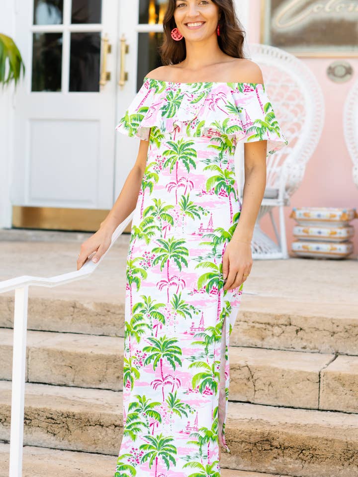 Vestido Maxi Angela Hecho en EE. UU. Sin Hombros Resort Primavera para venta al por mayor de Patti Biggs