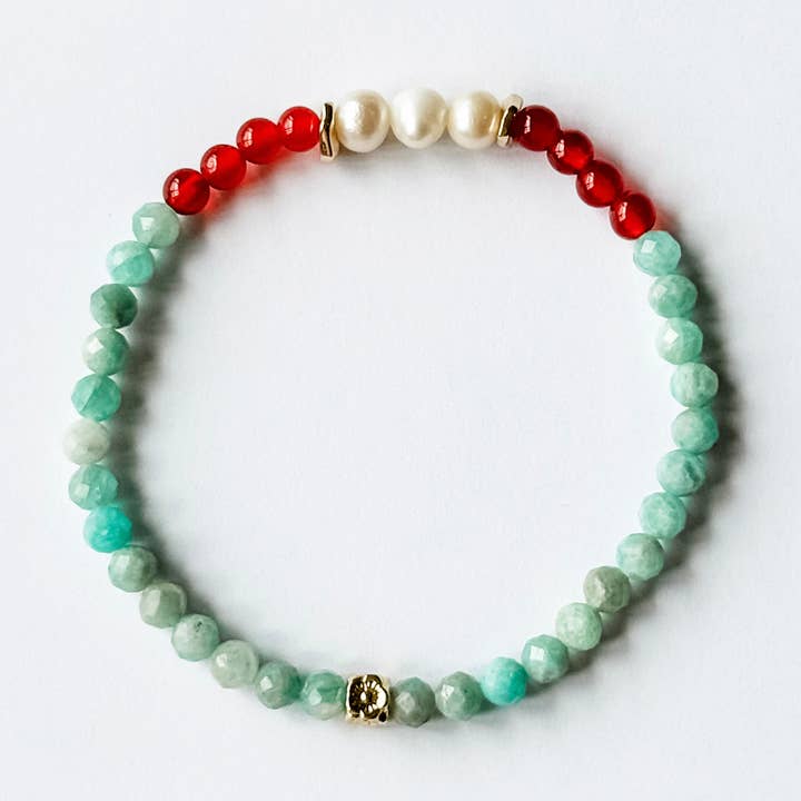 Natural Amazonite | Red Agate | Freshwater Pearls Bracelet for wholesale by Kofuku Art Studio