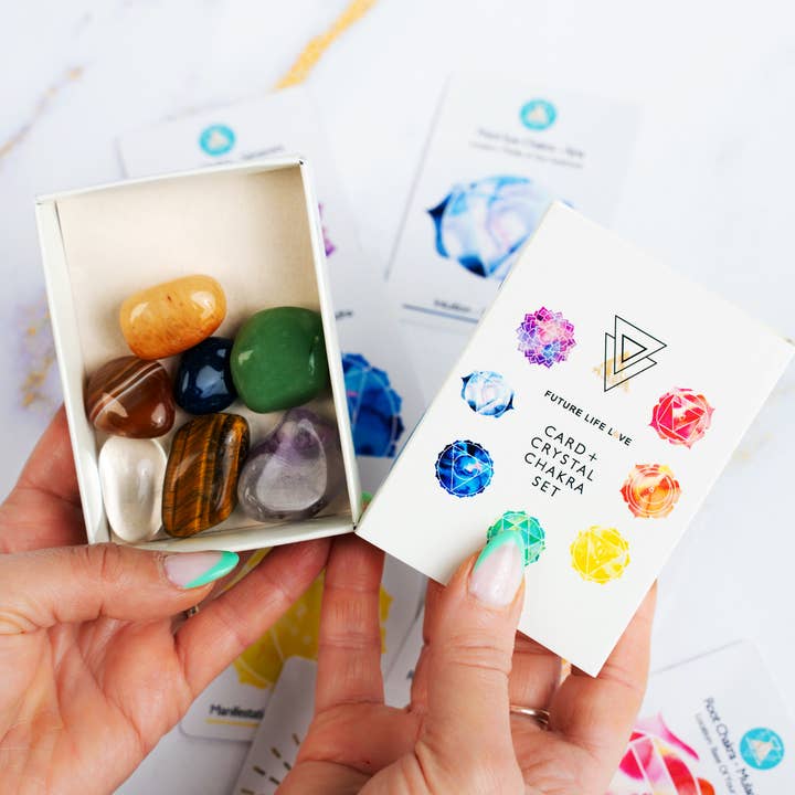 Chakra Card Set With 8 Cards and 7 Crystal Set White Box for wholesale on Faire12