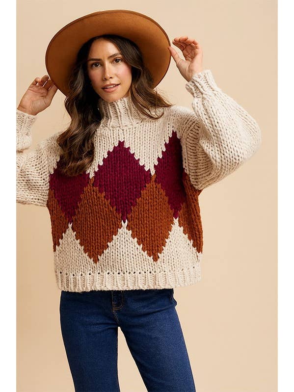 TAUPE COMBO Argyle Pattern Turtleneck Yarn Sweater for wholesale on Faire1