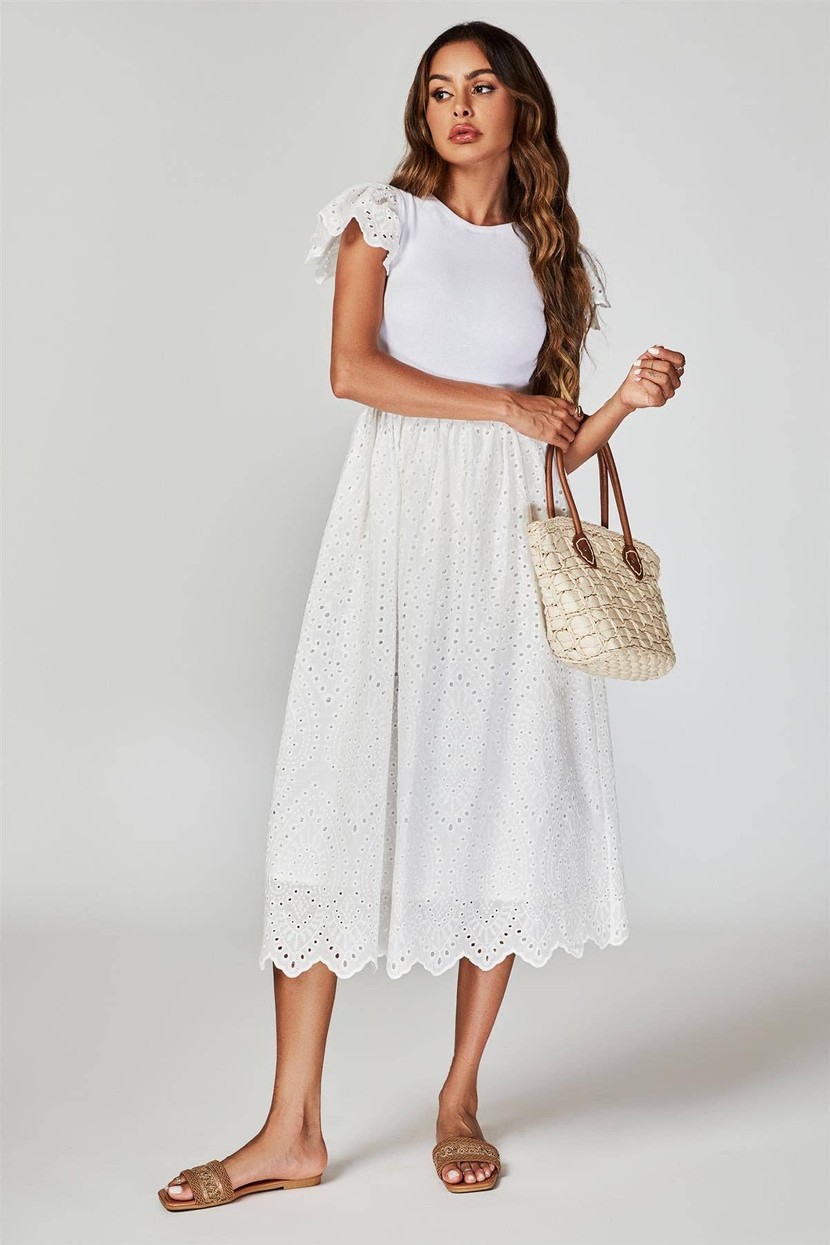 Jersey Broderie Midi Dress In White for wholesale on Faire0