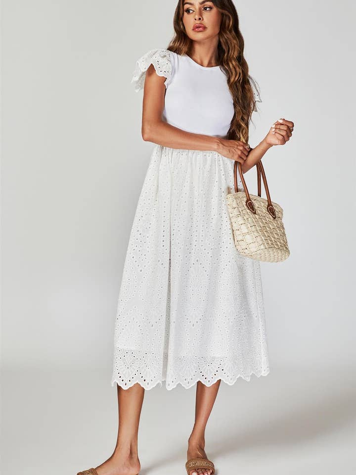 Jersey Broderie Midi Dress In White for wholesale on Faire