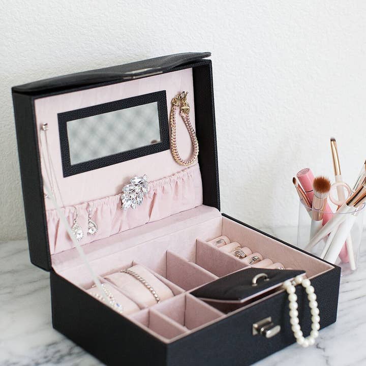 Blu Monaco Black Leather Mirrored Jewelry Box Organizer and Storage for Teens,Girls, Women for wholesale by Blu Monaco