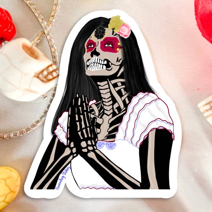 Neverending Stickers - Praying Day Of The Dead Catrina - Vinyl Sticker Or Magnet - 3x3.5in - Dia De Los Muertos for wholesale by Neverending Stickers