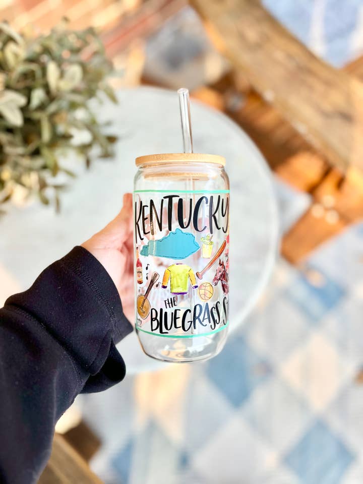State of Kentucky16 oz Glassware with a Bamboo Lid & Straw for wholesale by Happy By Rachel, LLC