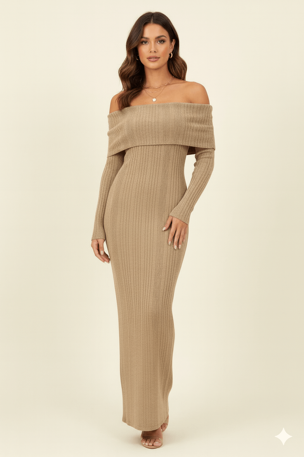 AVINCI – Großhandel Kleid – Damen – Geripptes Strickkleid mit umgeschlagenem Bardot-Ausschnitt und schulterfreiem Design.1