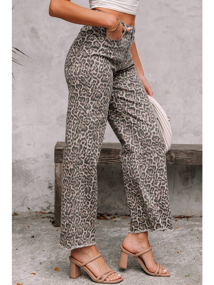 LA Society - Wholesale Jeans - Women's - LAS Leopard Frayed Edge Wide Leg High Waist Jeans (4-16)5