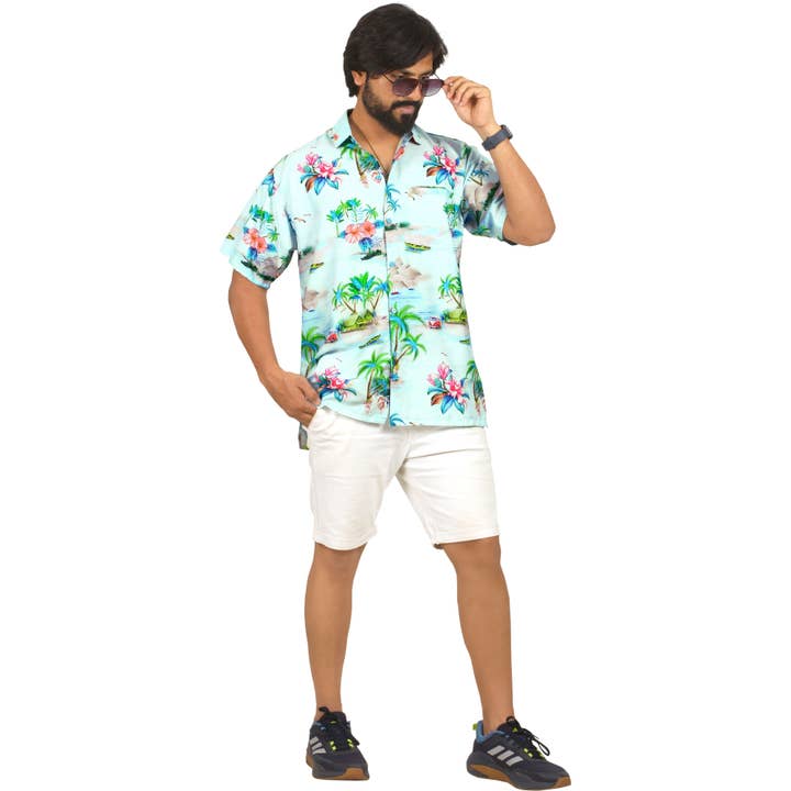 bleu Vue sur l'île des hommes Happy Bay Chemise bleue Palm P00060 en vente sur Faire4