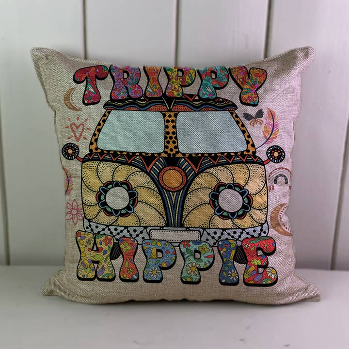 Hippy Trippy Hippie Lifestyle Linen Cushion Cover for wholesale by Hills Of Fabric