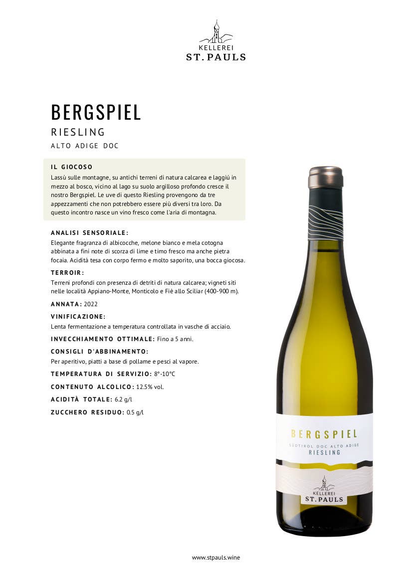 Metina SAS - Vendita all'ingrosso Vino bianco - Bergspiel Riesling Alto Adige DOC Cantina San Paolo 75 cl.4