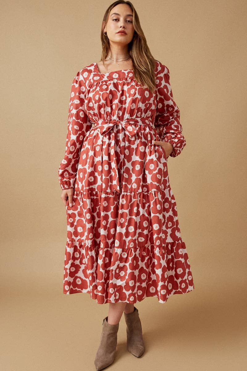 Mauve Womens Bold Floral Print Belted Square Neck Dress for wholesale on Faire1