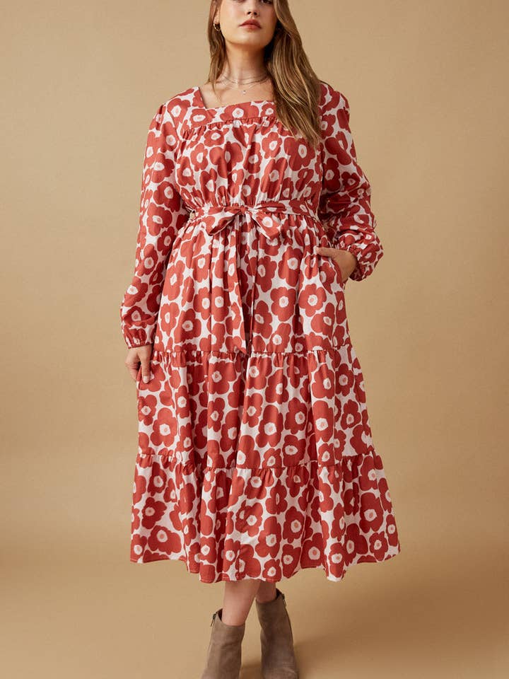 Malva Vestido con cuello cuadrado con cinturón y estampado floral atrevido para mujer de venta al por mayor en Faire1