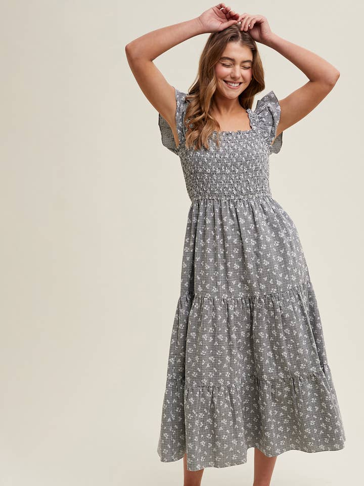 Wishlist Apparel - Wholesale Dress - Women's - CHECKERED FLORAL MIDI DRESS / WL24-9726