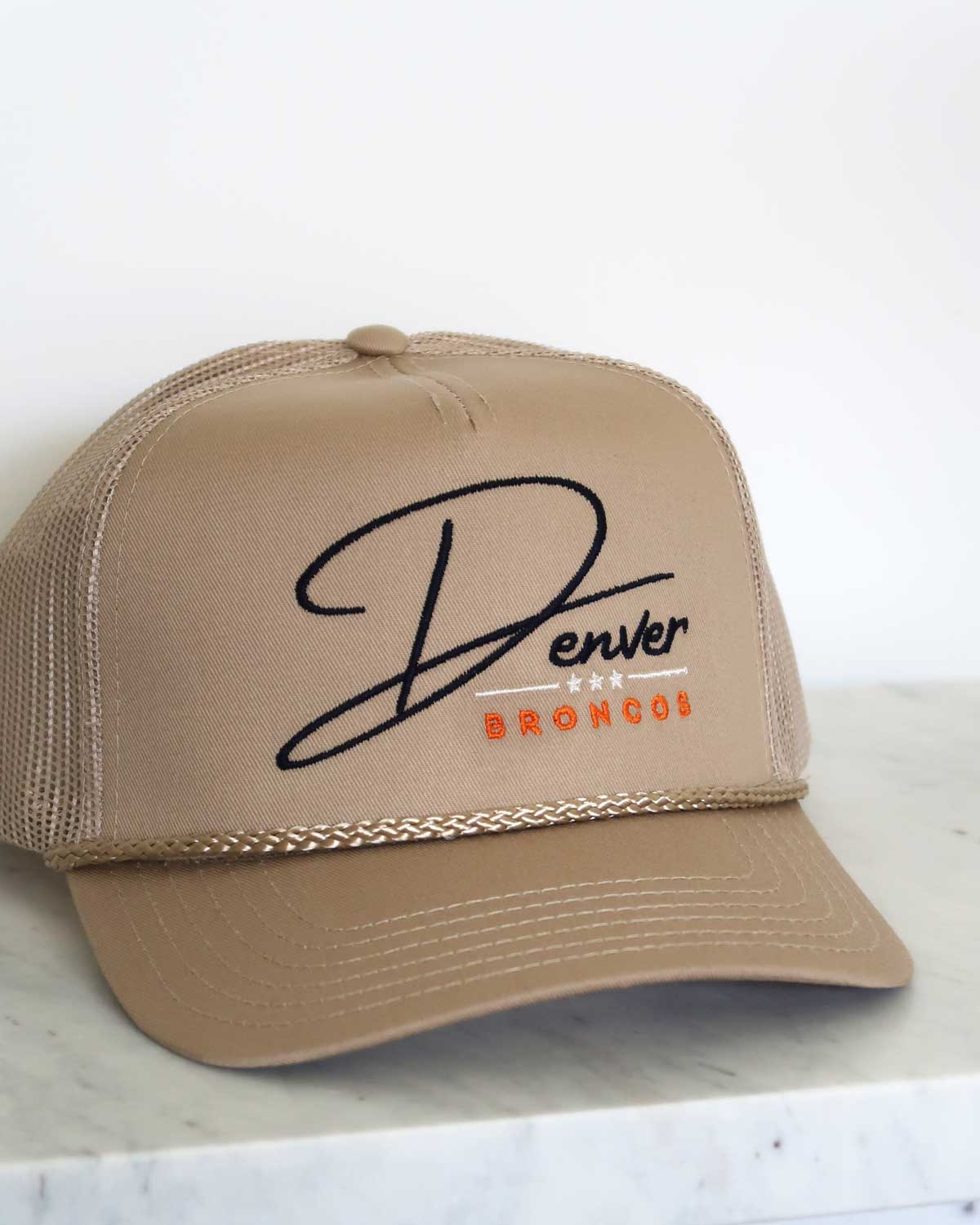 Sundrop - Wholesale Trucker Hat - Unisex - Denver Broncos Trucker Hat - Khaki Embroidered Vintage Vibes1
