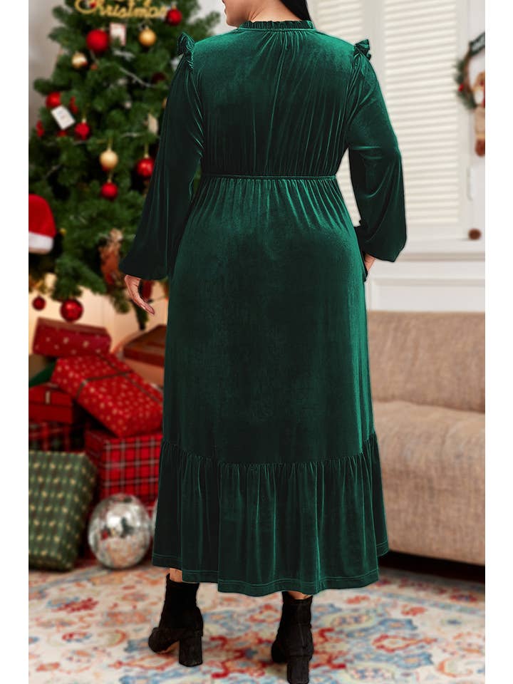 Green Plus Size Velvet Ruffled High Waist Midi Dress for wholesale on Faire